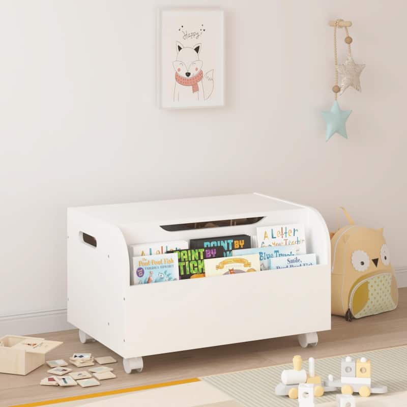 Wooden Toy Box with 4 Universal Wheels, Kids Toy Storage Organizer with Front Bookshelf, Flip-Top Lid, Toy Chest Bench