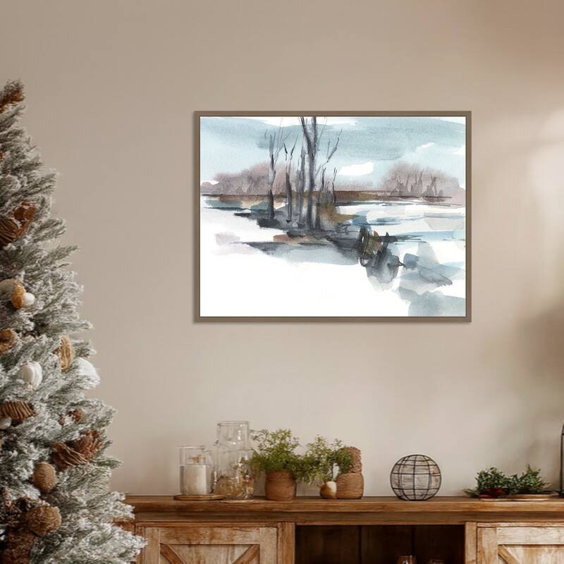 Winter Stream Watercolor II by Ethan Harper Framed Canvas Wall Art Print - Sylvie Dark Gold
