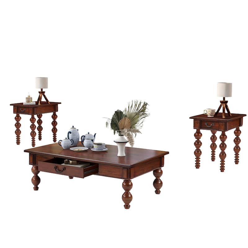 Solid Wood Table Sets of 3 with Coffee Table and 2 End Tables, Vintage Tables with Storage Drawers and Unique Gourd-Shaped Legs