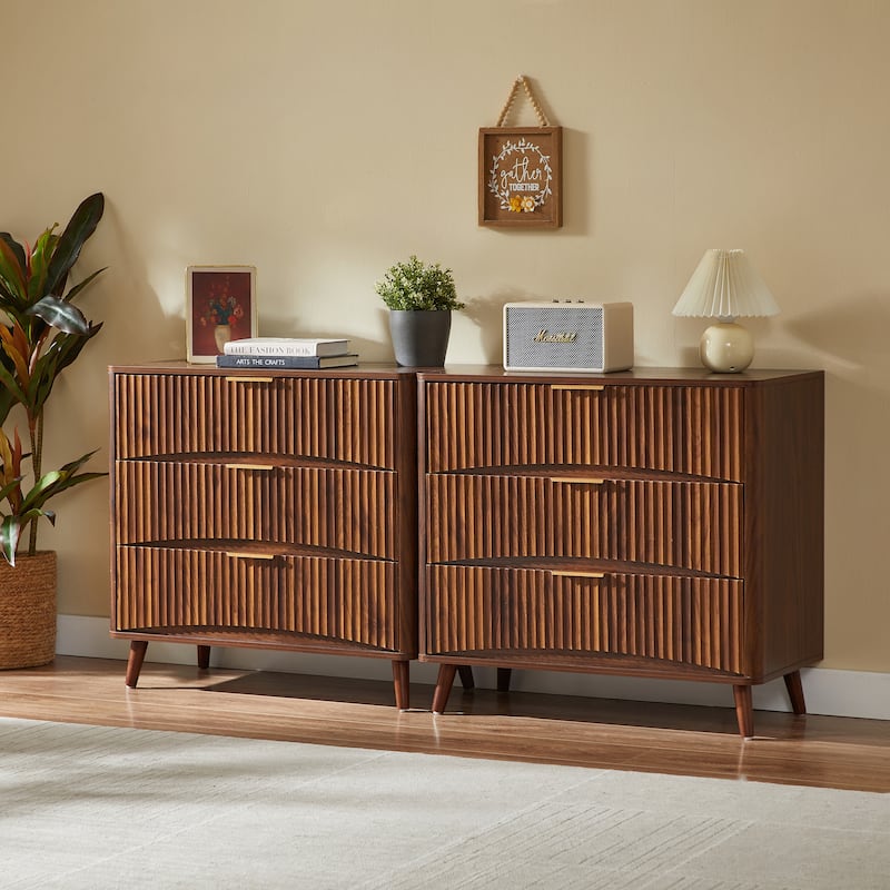 long and tall dresser set Fluted 3 Drawer Dresser Set of 2, Tall Chest of Drawers with Vertical Grooved Design, Wood Storage Cabinet with Metal Handles