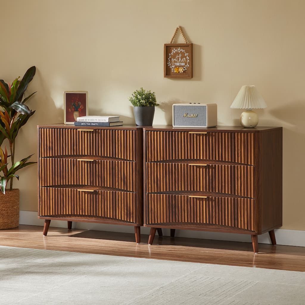 Set of 2 Mid-Century Modern Tall Chest of Drawers with Vertical Grooved Design by GDFStudio