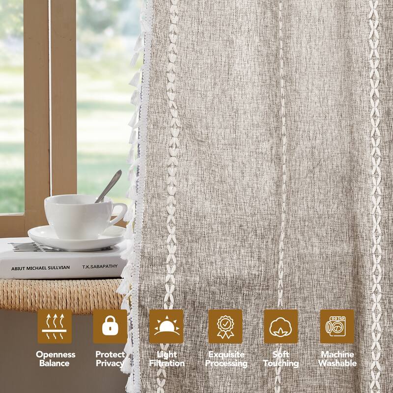 Deconovo Boho Sheer Curtain with Tassels & Embroidery 1 Panel