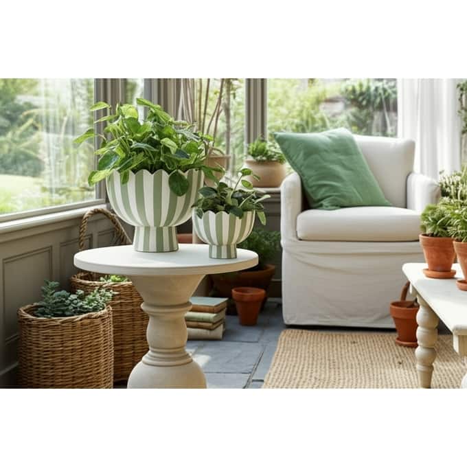 Pottery Planter Scalloped Rim Striped Design (Set of 2) - 8", 6" White - 8.75" x 8.75" x 8"