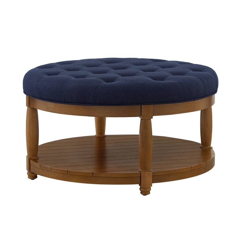 Large Round Tufted Linen Ottoman Coffee Table with Wood Shelf Storage - Navy Blue Hue - Navy Blue