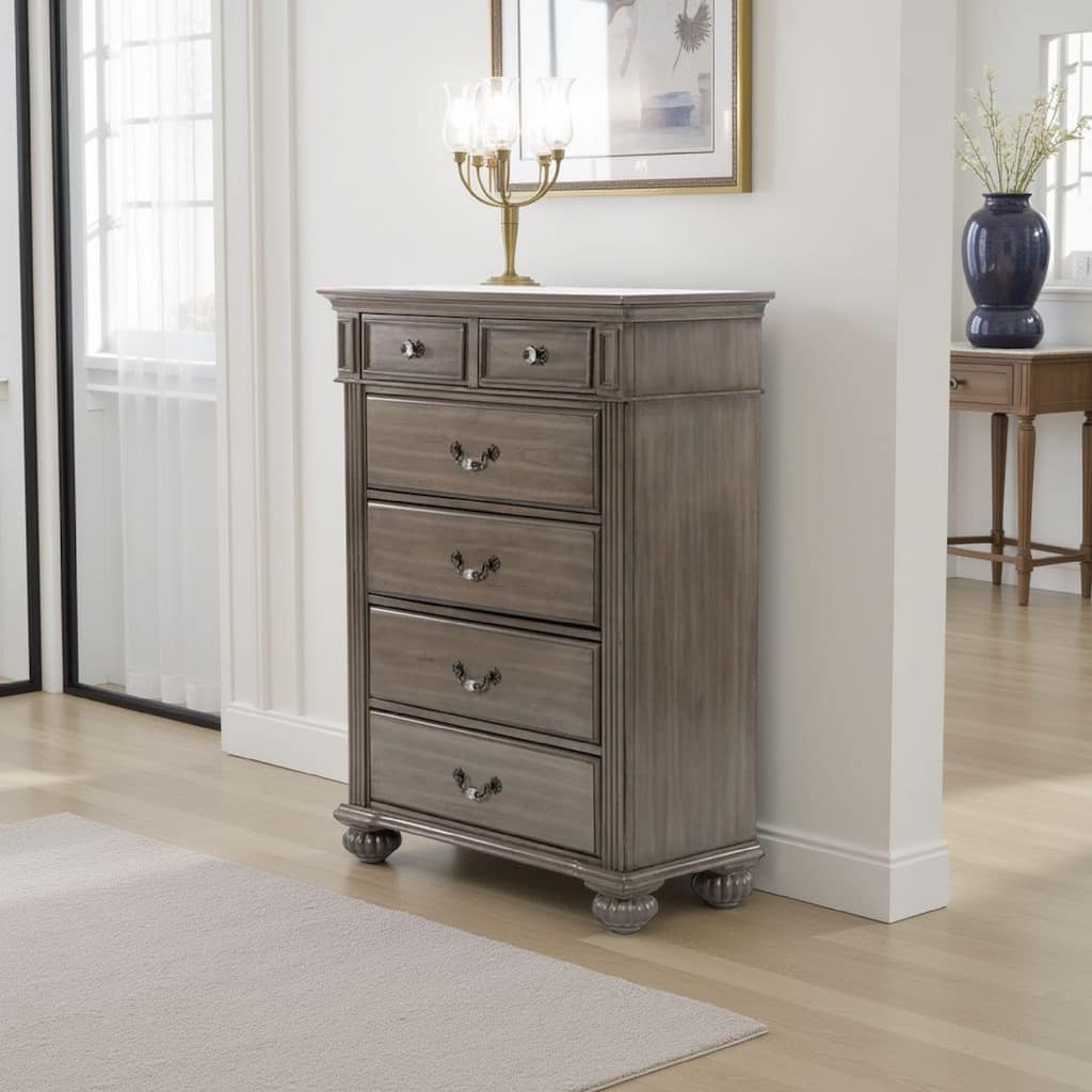Recus Tall Dresser Chest, 6 Drawers w Brass Handles, Gray Solid Wood