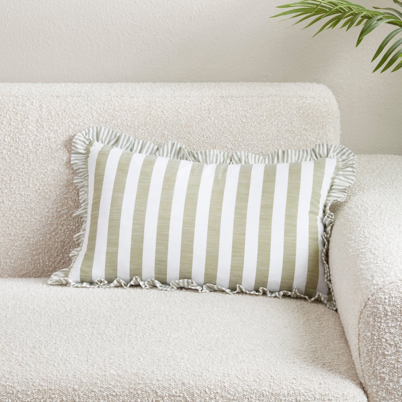 Striped Ruffle Edge Cotton-Blend Throw Pillow - Classic Cabana Stripe Design for Sofa, Bed & Accent Styling