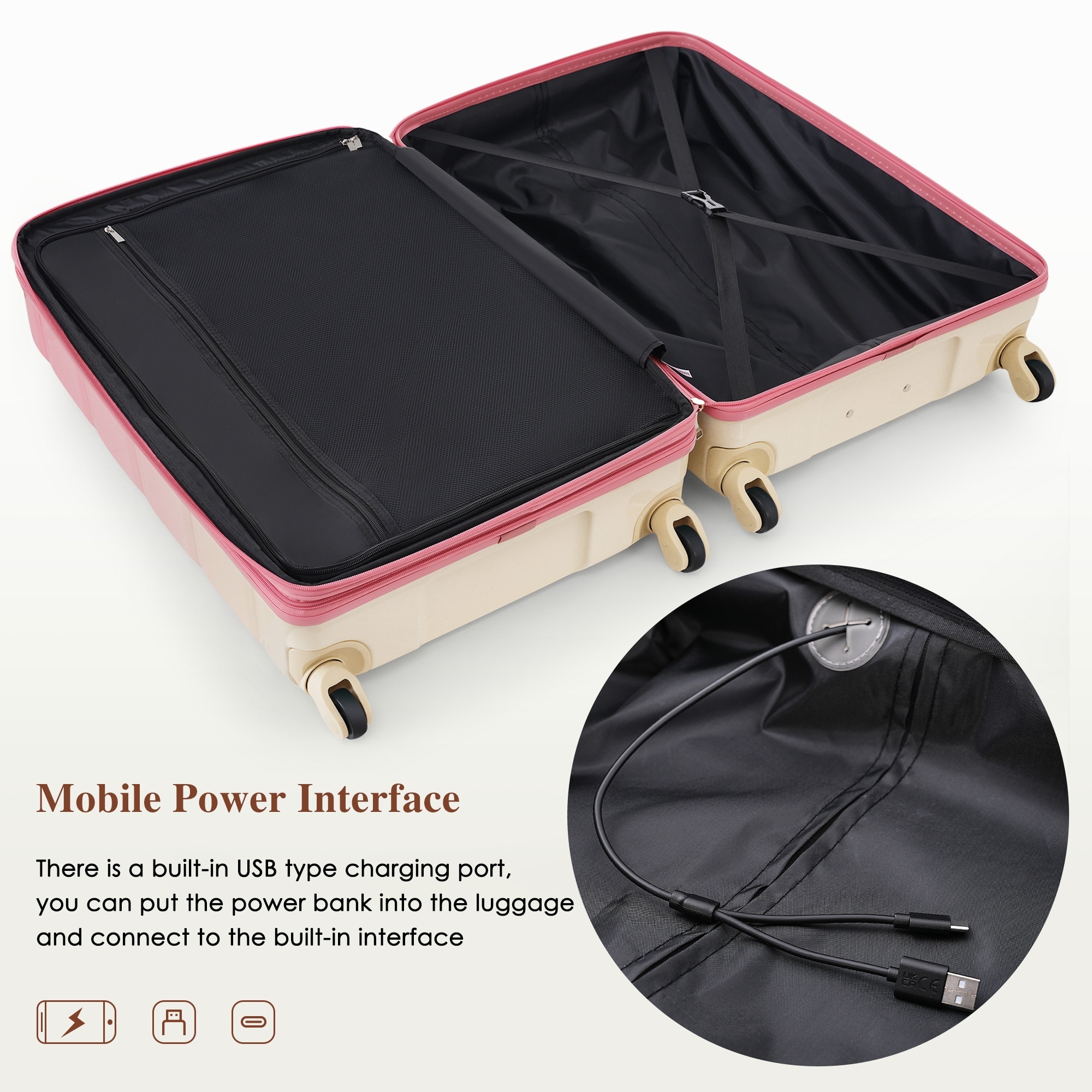 Pcs USB Port Hardshell Luggage Trolley Case Sets w/ Cup Holder
