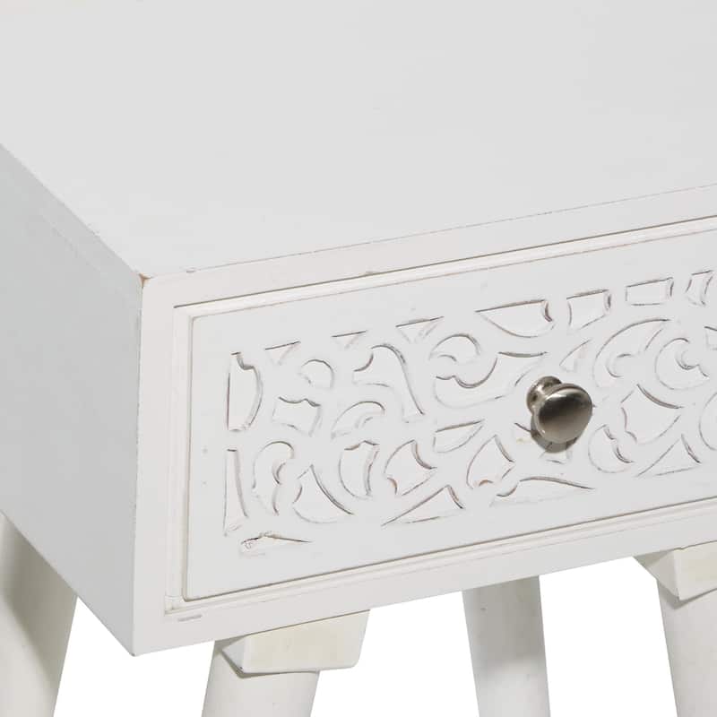 Mango Wood Scroll Intricately Carved Single Drawer Accent Table - White - Roche River Decor