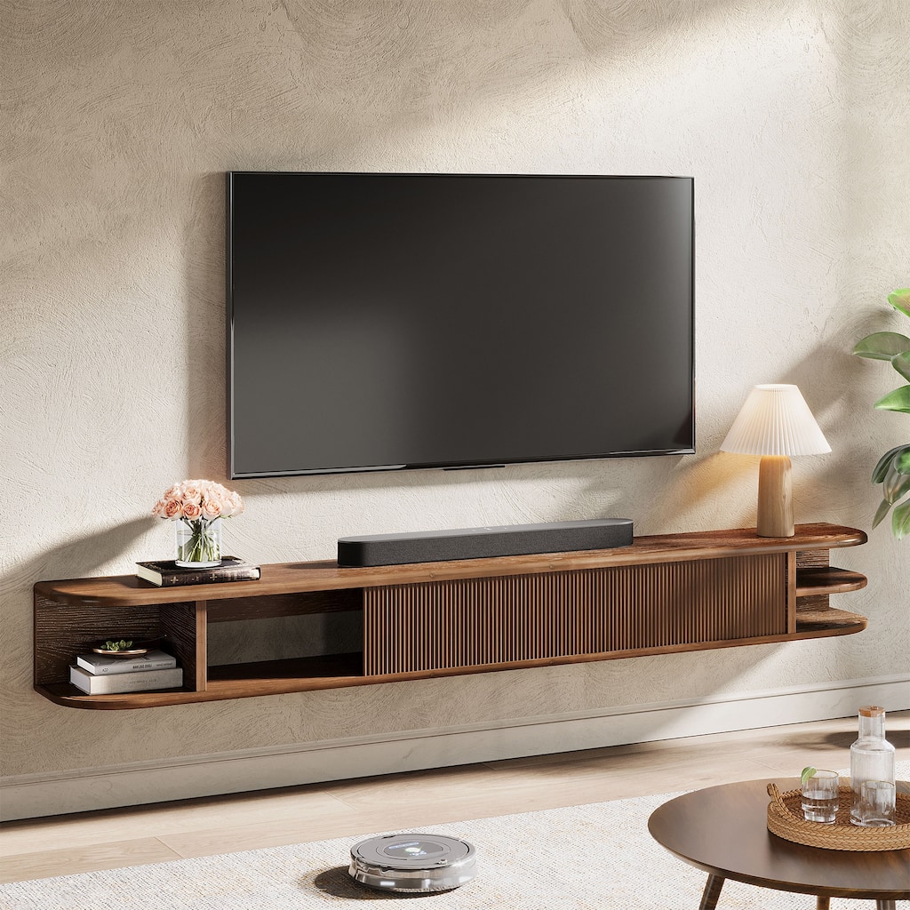 70" Floating TV Stand for TVs up to 90 Inches, Solid Wood Entertainment Center with Cable Management & Fluted Flip Doors