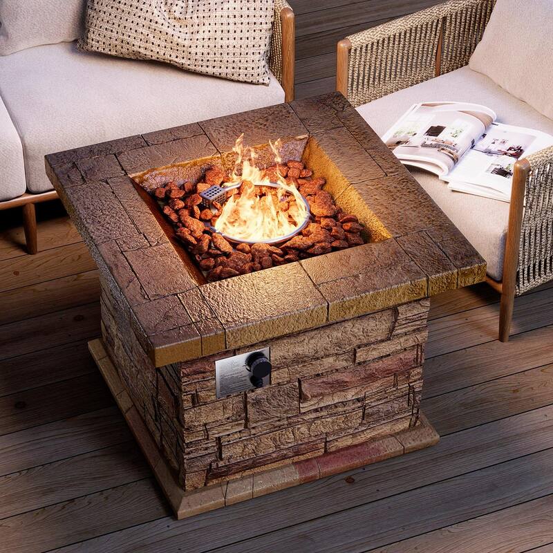 COSIEST Outdoor Square Propane Fire Pit Table w Faux Brown Ledgestone - 32" W x 32" D x 25" H
