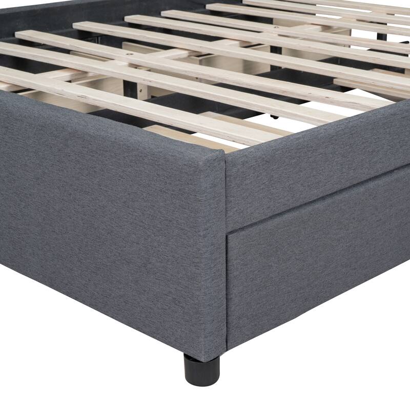 Linen Upholstered Platform Bed Vertical Lines Headboard with Nailhead Trim, Wood Panel Bed Frame 2 Drawers & Trundle Bed