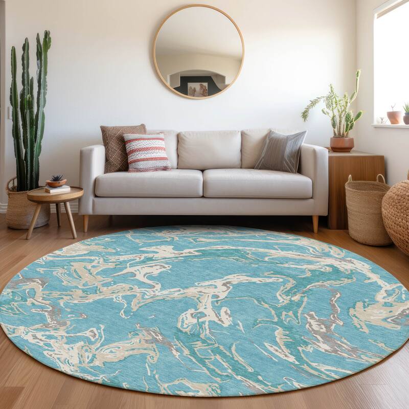 Machine Washable Indoor/ Outdoor Modern Wave Chantille Rug - Teal - 8' x 8'