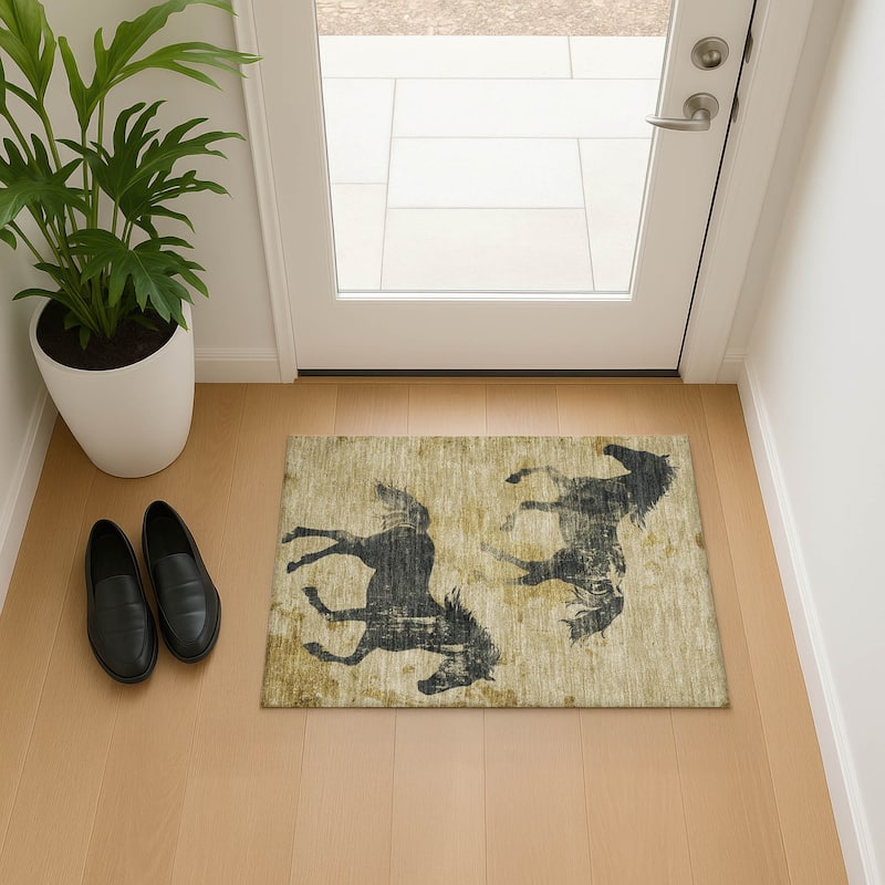 Premium Washable Super Two Horses Mayfield Rug - Gold - 1'8" x 2'6"