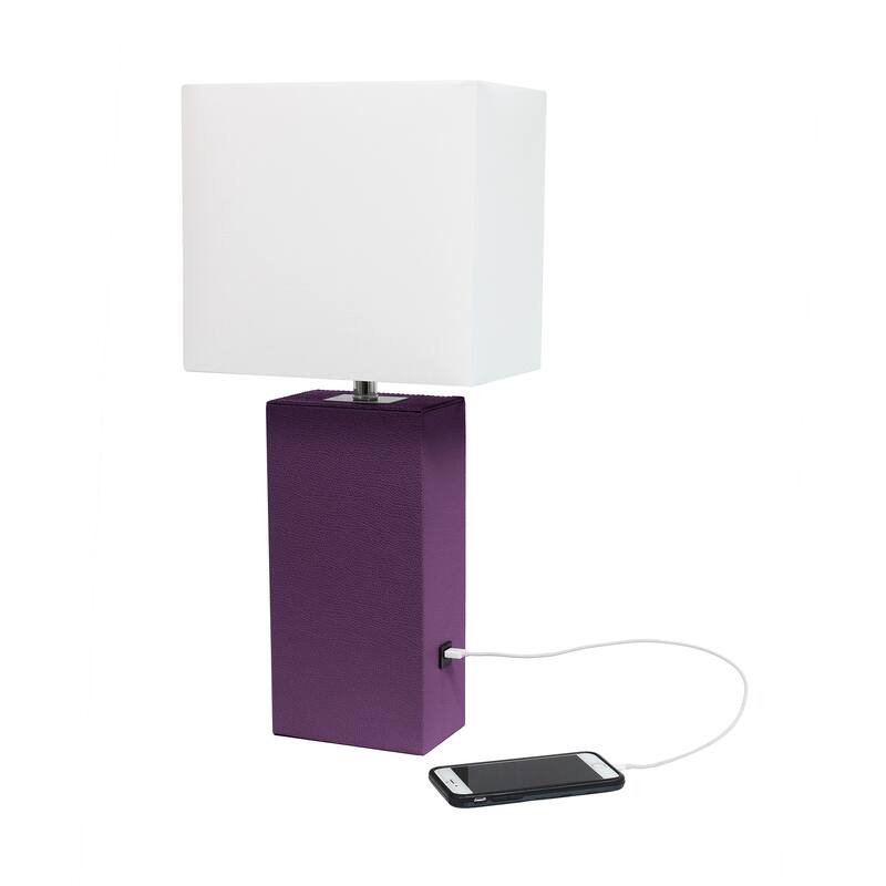 Modern Leather Table Lamp with USB and White Fabric Shade