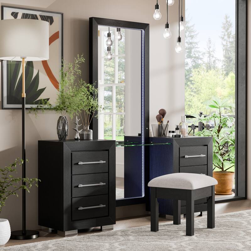 Furniture of America Alaric Modern Black Solid Wood 6-Drawer Vanity Set with LED and Power Outlet - Black