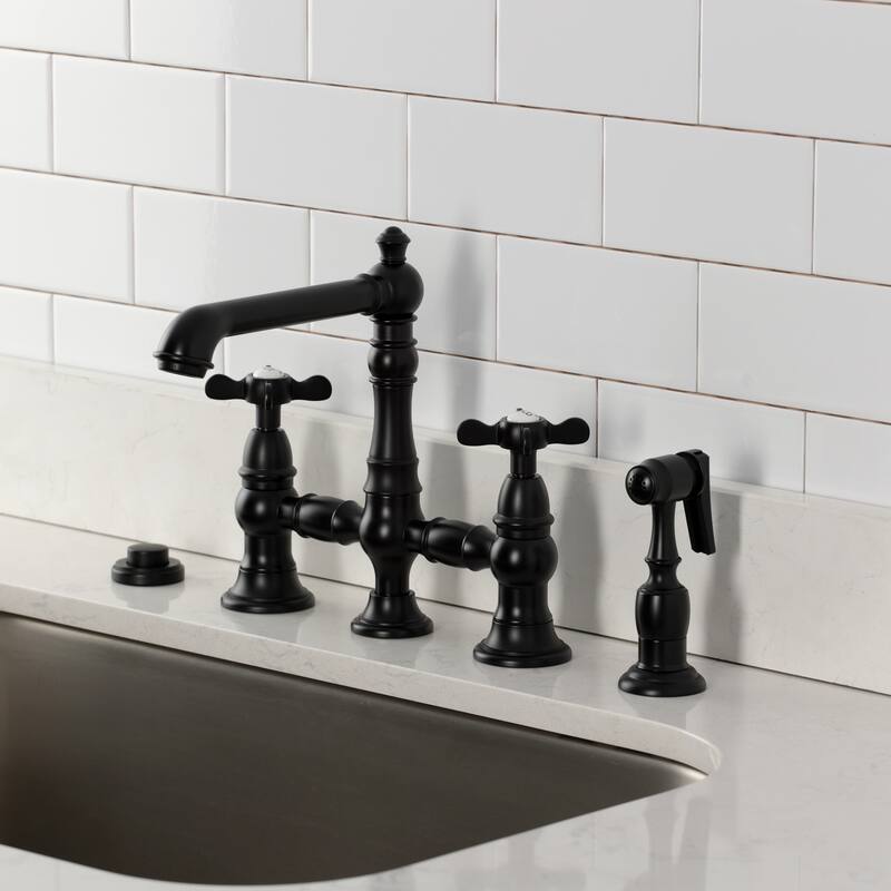 Kingston Brass Essex Two-Handle 4-Hole Deck Mount Bridge Kitchen Faucet with Brass Side Sprayer