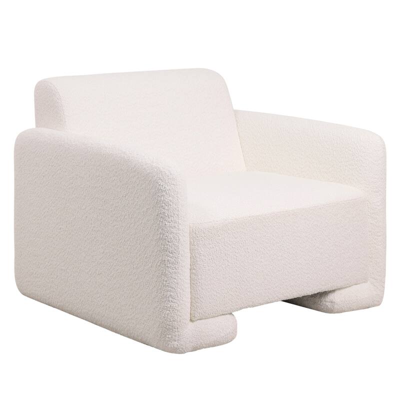 Nyta Mid-Century Accent Armchair in Deep Foam Seat, Boucle or Linen Upholstery, and Plastic Glides with Solid Wood Support - White Boucle