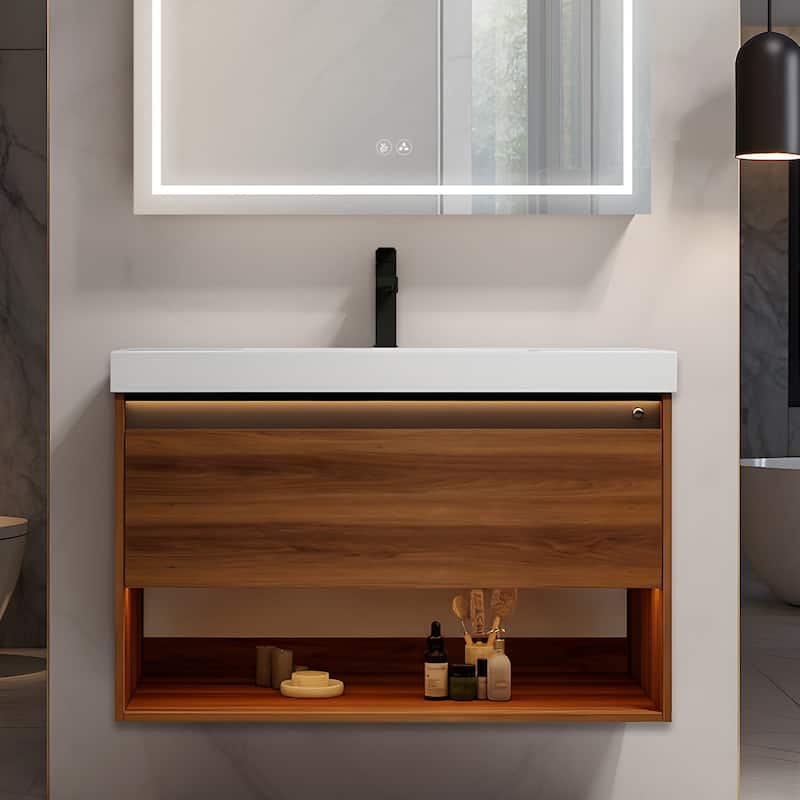 Blossom Bergen Wall Mounted Floating Bathroom Vanity with Sink - Walnut - 36" Acrylic Sink