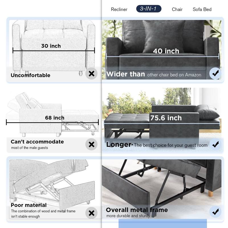 AECOJOY Adjustable Sleeper Chair Bed 3-in-1 Convertible Futon Sofa