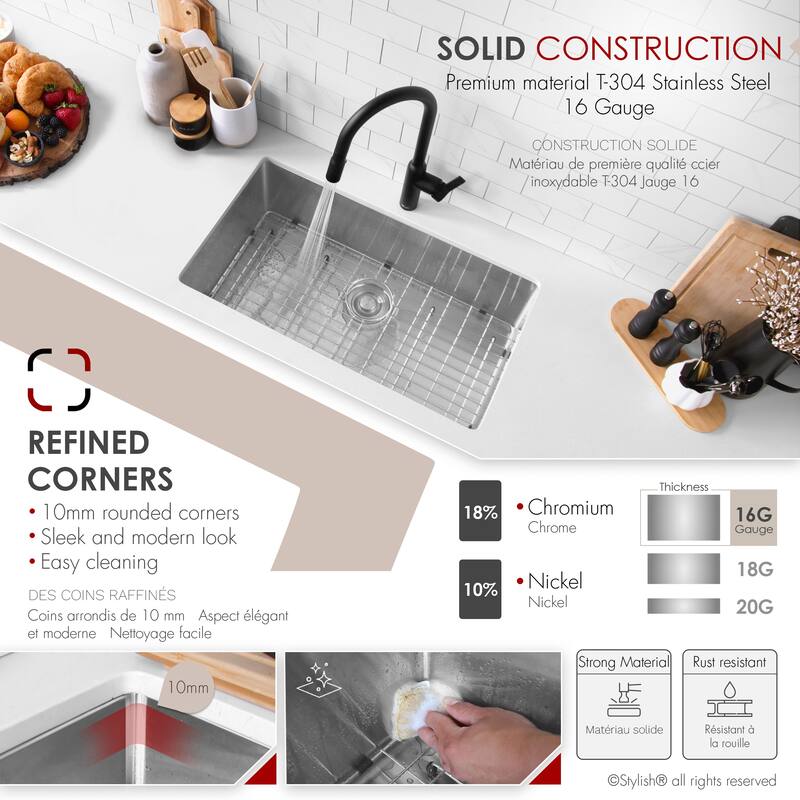 Undermount 30" Single-Bowl Stainless Steel Kitchen Sink S-311XG - 30" x 18" x 10"