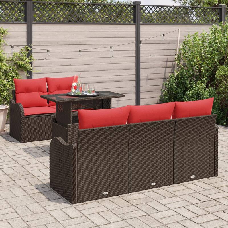 vidaXL 6 Garden Sofa Set with Cushions Black/Brown/Grey Poly Rattan - 69.3 x 24.4 x 27.2
