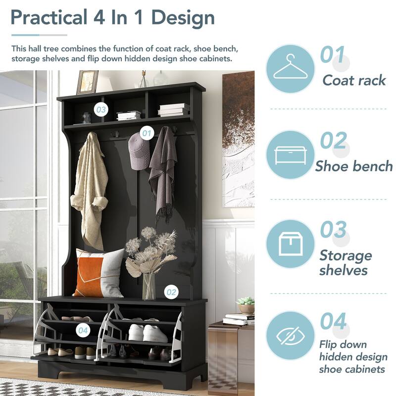 ON-TREND All in One Hall Tree with 3 Top Shelves and 2 Flip Shoe Storage Drawers