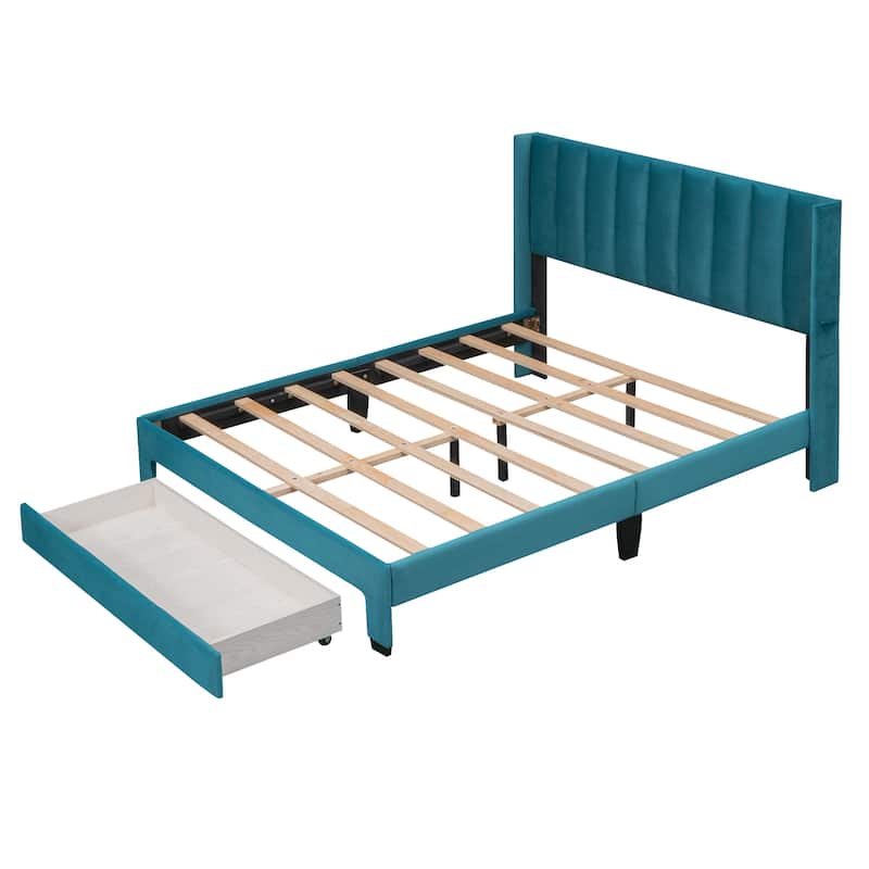 Queen Size/ Full Storage Bed Velvet Platform Bed with a Big Drawer ...