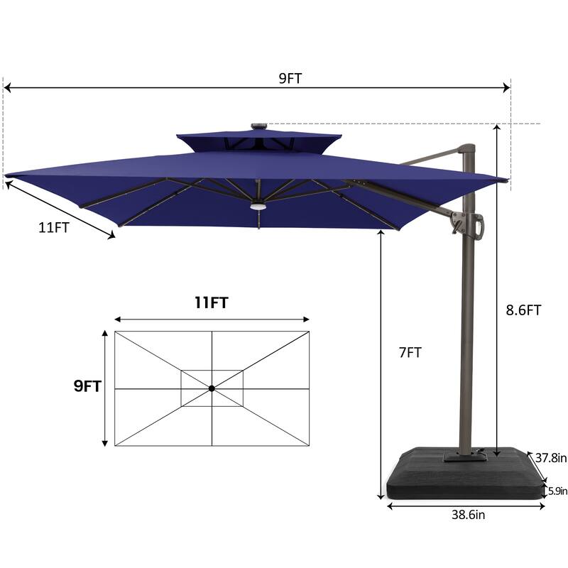 9 X 11 FT Outdoor Patio Cantilever Umbrella with Solar Lights 4-Piece Premium Base Double Canopy 360 Rotation Tilt