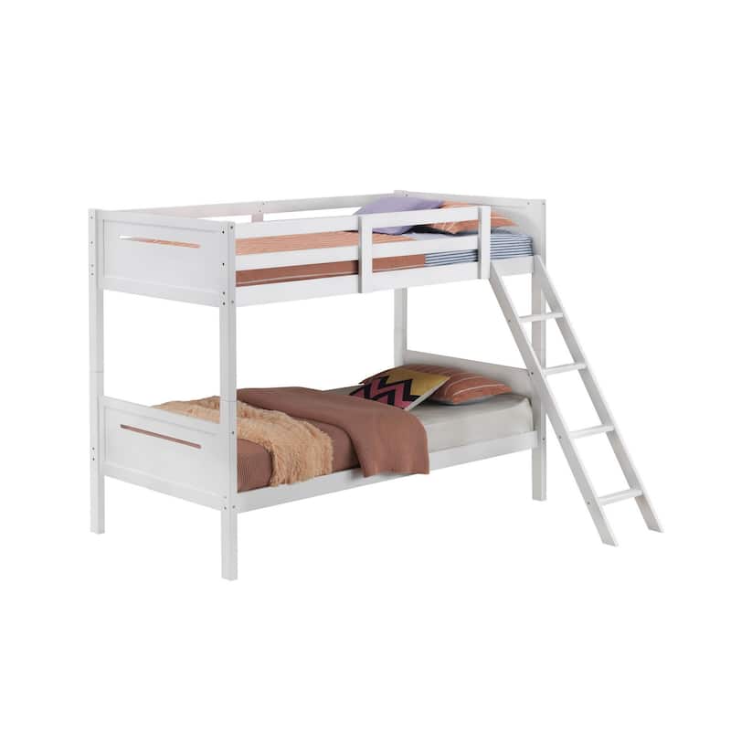 Amey Wood Twin Bunk Bed with Angled Ladder, Guardrail, Slat Kit, White