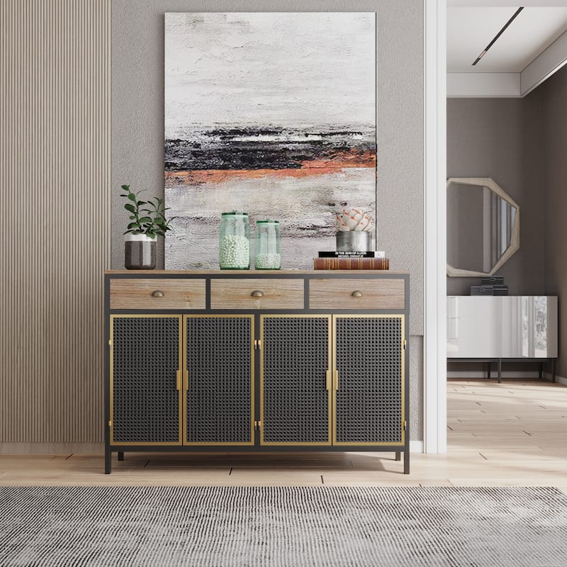 Kitchen Pantry Cabinet with 3 Top Drawers, Buffet Cabinet with 4 Hollow Doors, Storage Cabinet with Metal Handles and Wood Legs