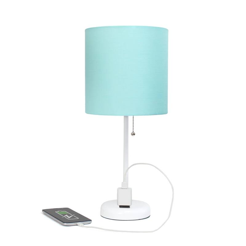 Stick Table Lamps with Drum Shade - 19.5" - White and Aqua Blue - Set of 2