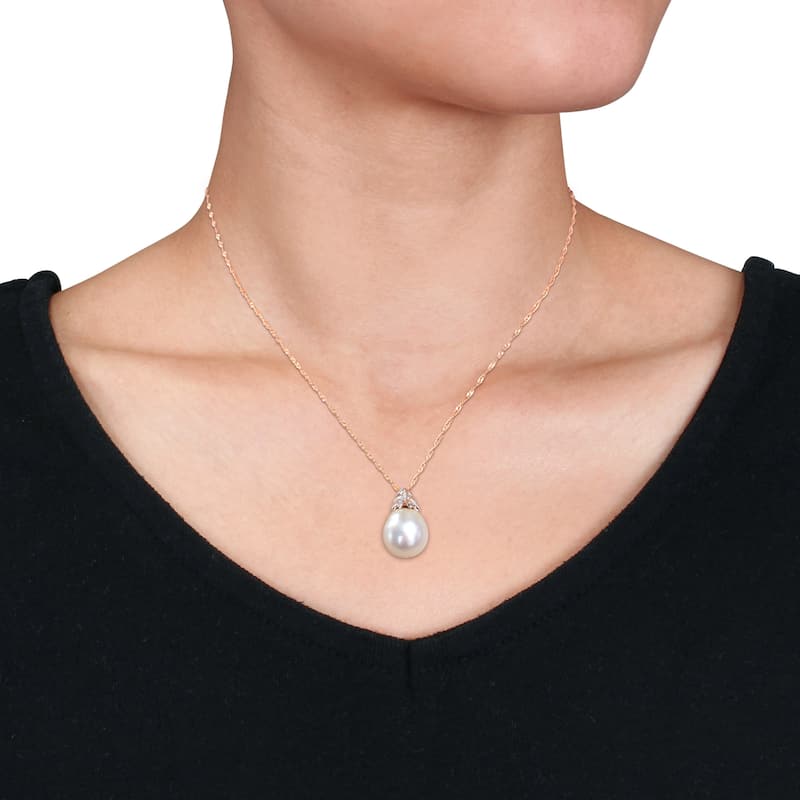 Miadora White South Sea Cultured Pearl & Diamond Accent Pendant in 14k Rose Gold (14-14.5mm)