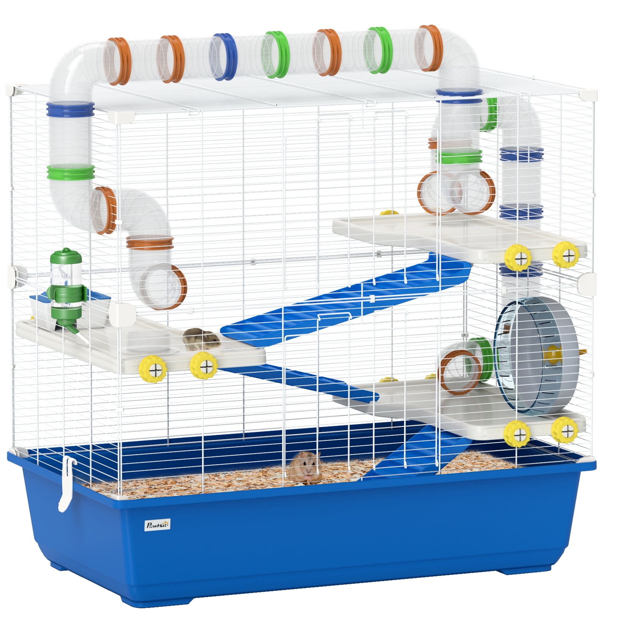PawHut Hamster Cage, 4 Tier Small Animal Cage with Tunnel Tube System, Hut, Exercise Wheel, Water Bottle, Food Dish