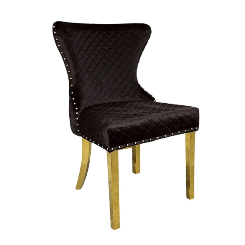 Anova Dining Side Chair Set of 2, Diamond Pattern Black Seat, Gold Leg