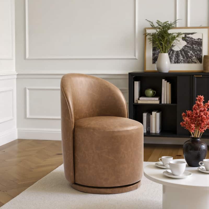 Modern Armless 360-Degree Swivel Dining Chair Barrel Chair - SINGLE - BROWN LEATHER