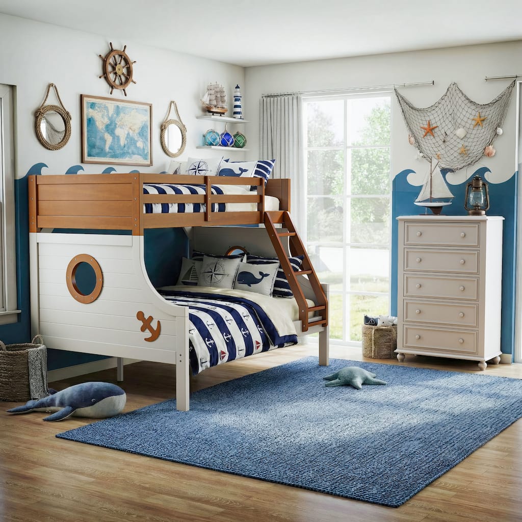 Furniture of America Luza 2-Piece Solid Wood Twin over Full Captain's Boat Bunk Bed and Chest Kids Bedroom Set