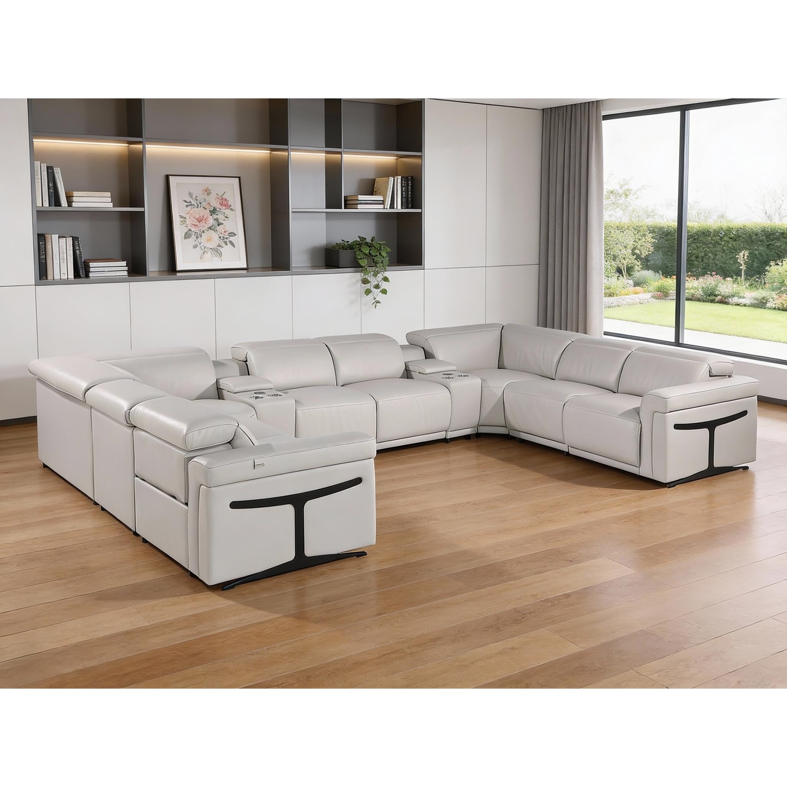 HomeRoots Light Gray Italian Leather Power Reclining U Shaped Ten Piece Corner Sectional With Console