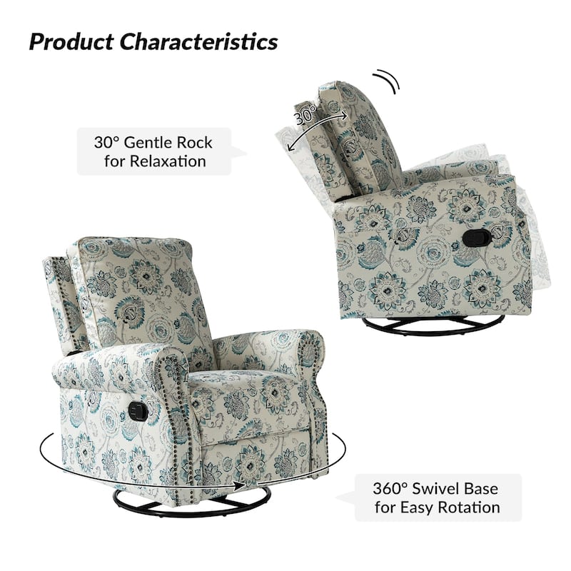 Roderich Farmhouse Floral Print Swivel Rocker Recliner with Rolled Arms by HULALA HOME