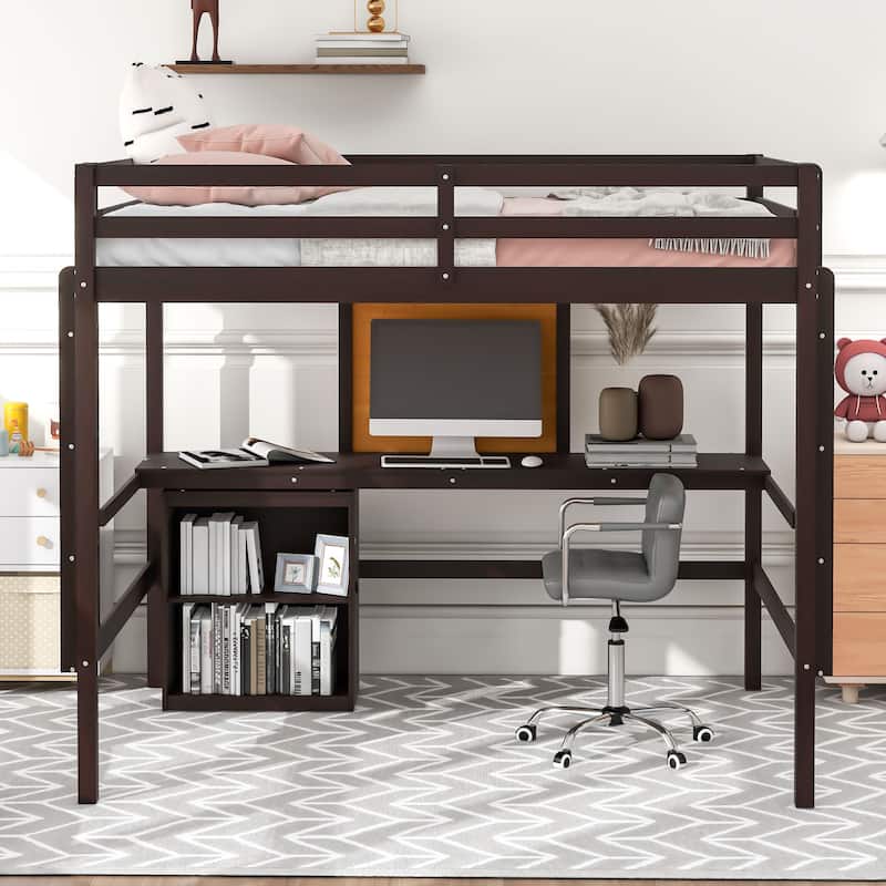 Full Size Loft Bed with Desk, Writing Board, and 2 Drawers in Espresso