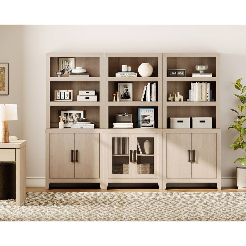 WAMPAT Tall Bookshelf with Doors, Farmhouse Bookcase with Open Shelves for Living Room & Home Office