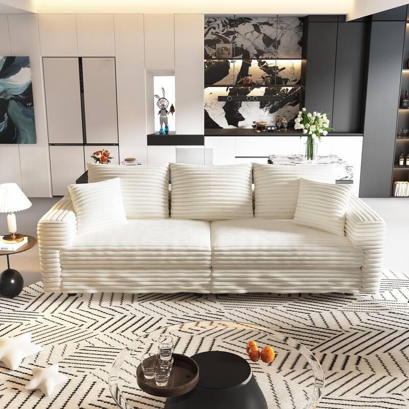 GDFStudio - Plush Corduroy 3-Seater 82.7" Deep Seat Upholstered Sofa - Beige+White
