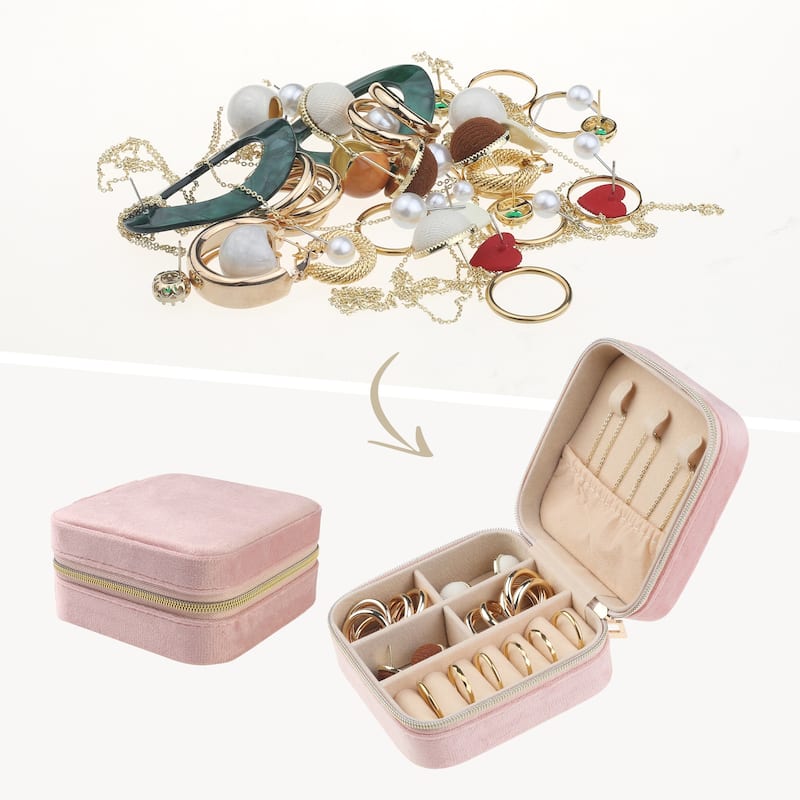 Travel Jewelry Box for Women Girls Gifts, Small Portable Plush Velvet Jewelry Organizer Case Storage Display Holder - 10x10x5cm - Pink