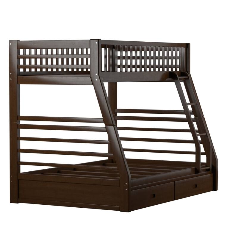 Espresso Twin over Full Solid Wood Bunk Bed with Ladder for Kids