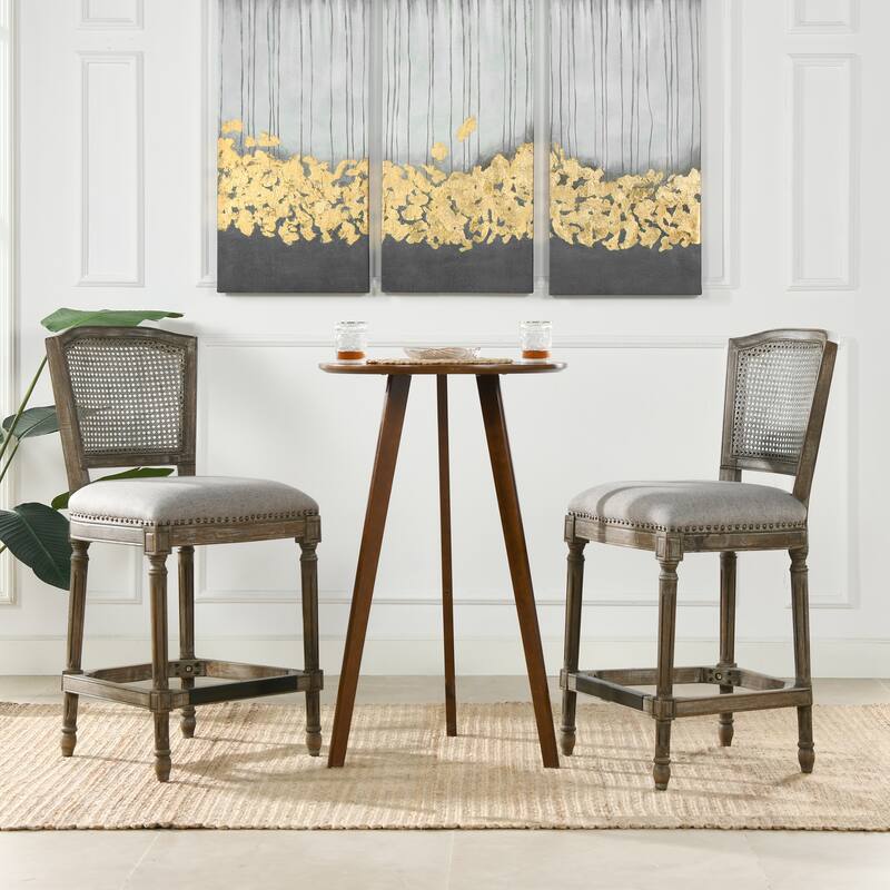Triomphe 26.5" Oak and Rattan Armless Counter Stool - Set of 2 - Heathered Grey Linen - Counter Height