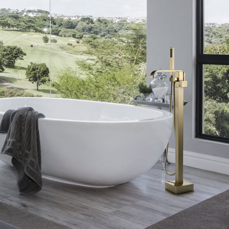 Luxury Brushed Gold 2-Way Bathtub Faucet Freestanding Tub Filler With Handheld Shower