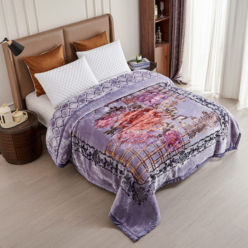 Floral & Animal 2-Ply Heavy Raschel Blanket 85" X 95" - King - Greyish Purple Flower