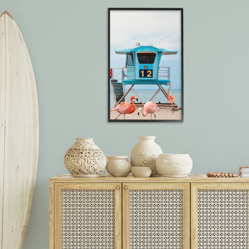 Stupell Beach Shore with Flamingoes Framed Giclee Art Design By Ashley Singleton