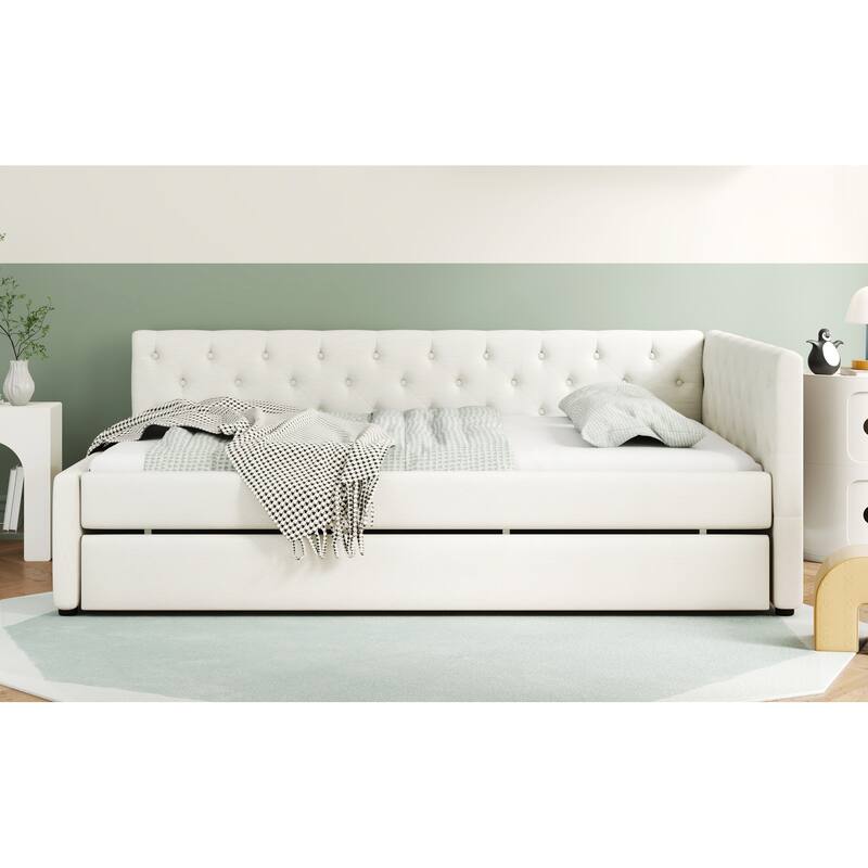 Full XL Size Upholstered Platform Bed Frame with Trundle, Elegant Tufted Button Design and Extra Sleeping Space for Bedroom