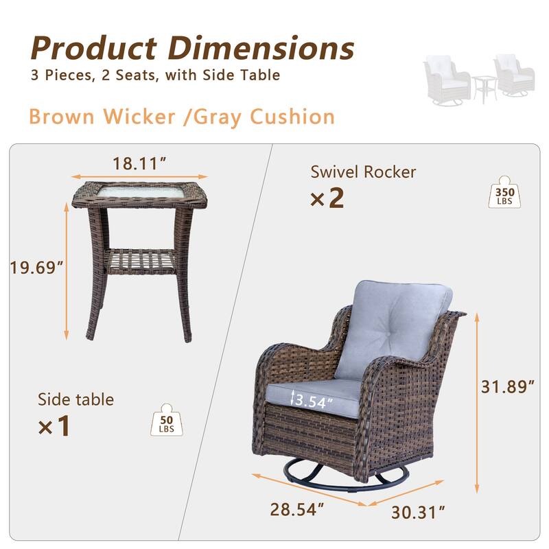 3 Piece High Back Outdoor Wicker Patio Conversation Swivel Chairs Set