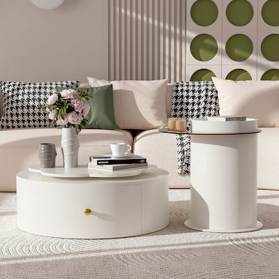 2PCS 360-Degree Rotatable Flower-shaped Top Coffee Table and End Table with Glass